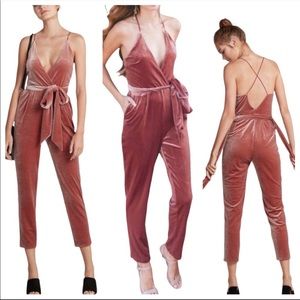 Express Velvet cross front spaghetti cross strap low back jumpsuit in dark blush